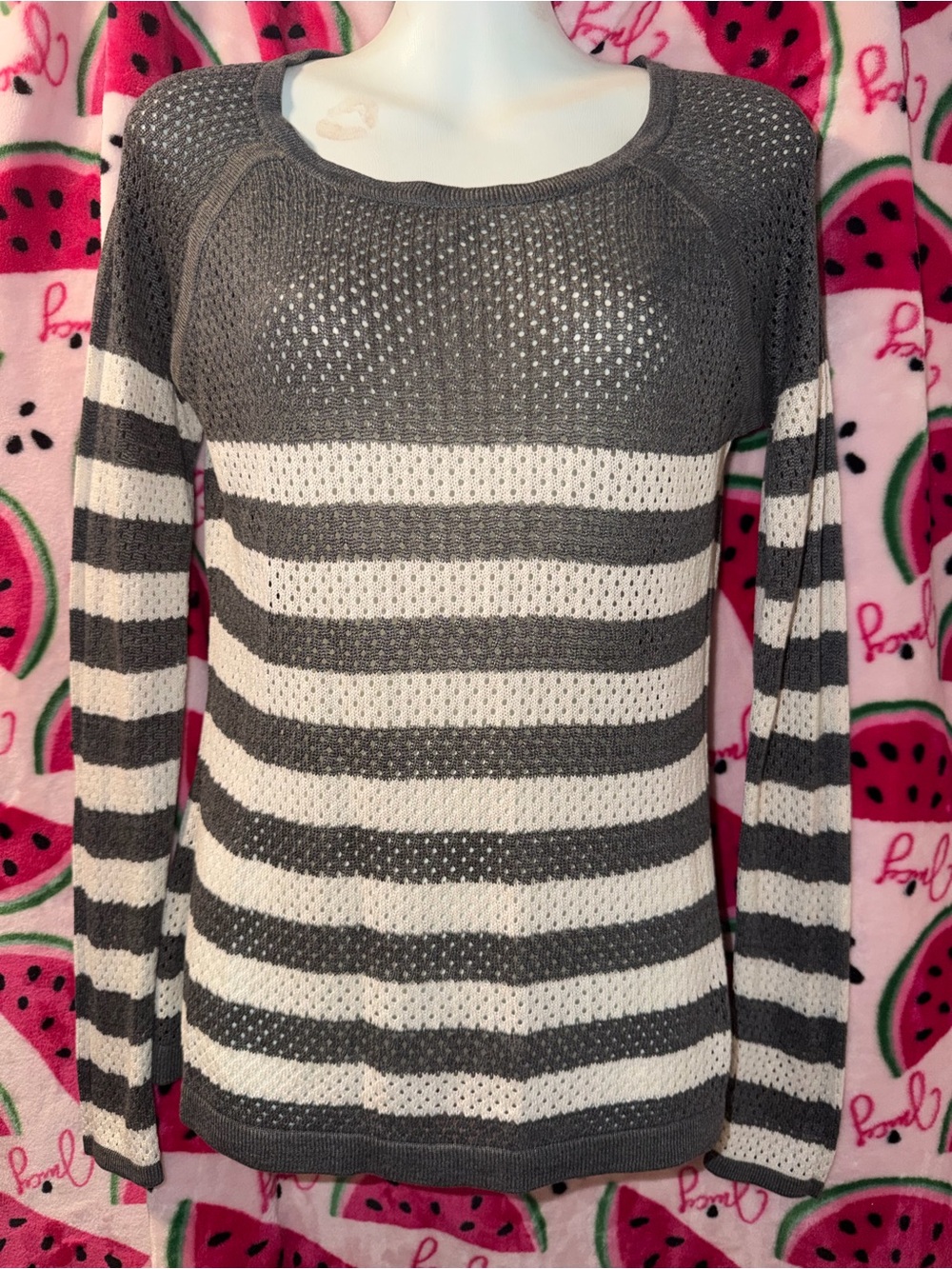 🩶🤍 Converse Striped Open-Knit Crewneck Sweater